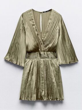 Zara Olive Green Pleated satin effect Jumpsuit